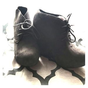 charcoal colored wedge booties